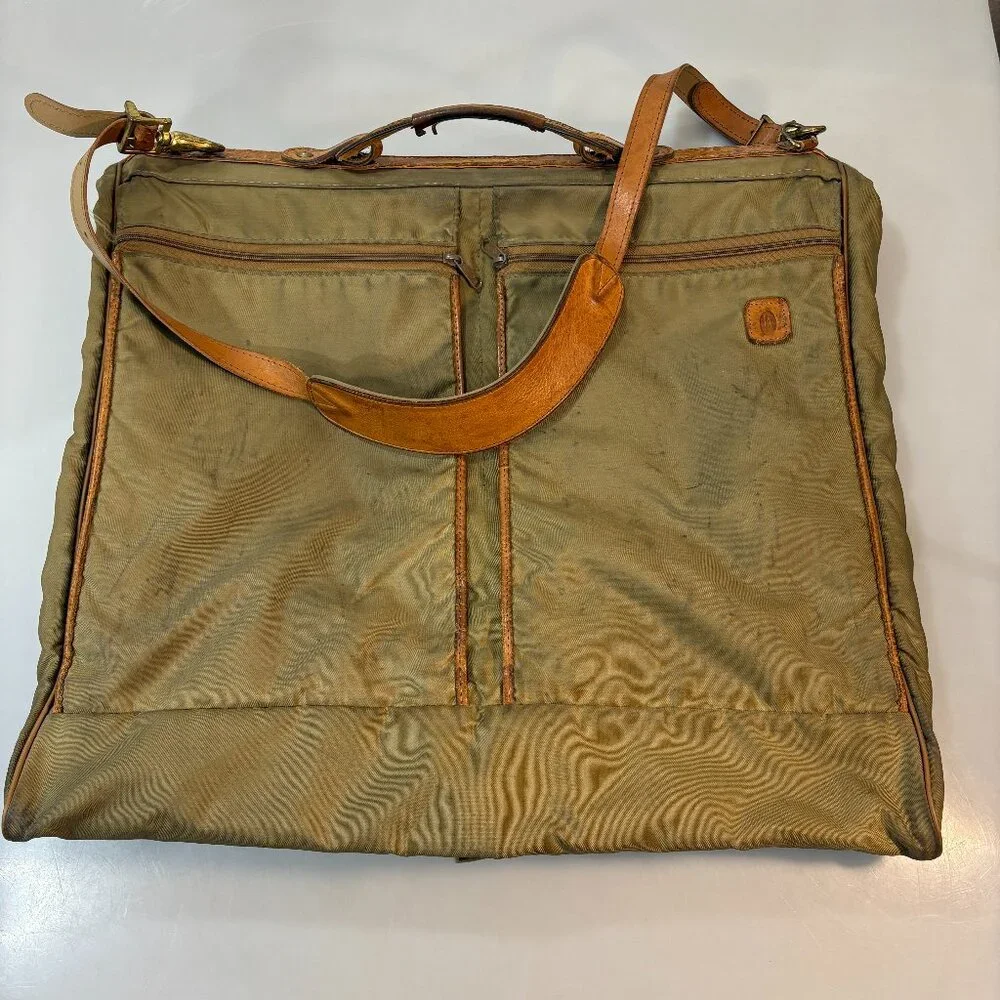 Hartmann Khaki Nylon Brown Leather Folding Hanging Garment Bag Luggage Vintage